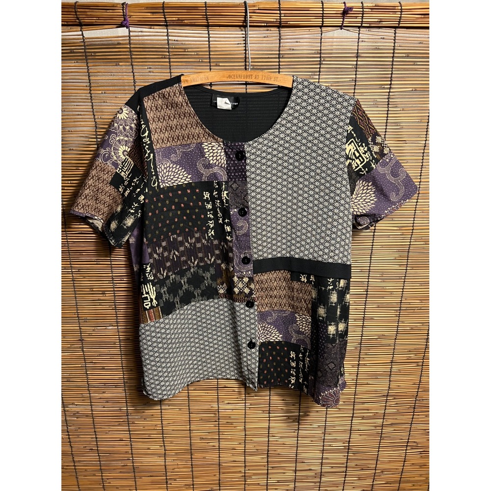 Lauren M. Petites XL Patchwork Button Front Top Black Purple Polyester Spandex